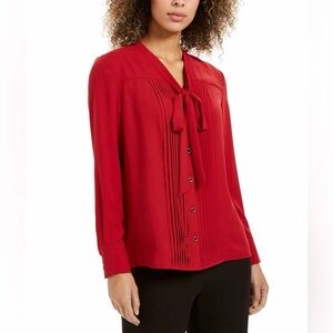Anne Klein Elegant Red Blouse Size 14 Bow Tie Front Pleated Button Front